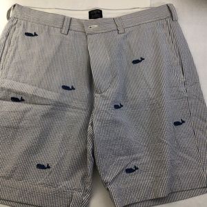 J Crew Mens Flat Front Navy Seersucker Embroidered Whales Shorts 33”waist